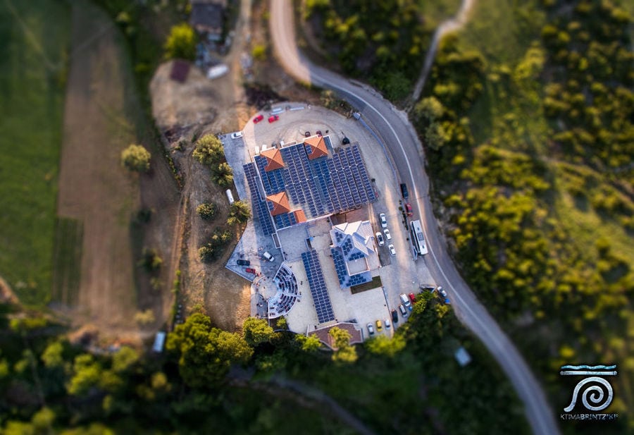 Ktima Brintziki winery from above, surrounded by trees and vines